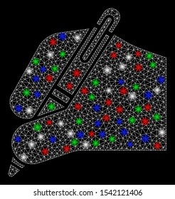 Bright mesh signature with glow effect. White wire carcass polygonal mesh in vector format on a black background. Abstract 2d mesh designed with polygonal grid, spheric points, colorful flare spots.