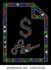 Bright mesh signed bill with glare effect. White wire carcass triangular mesh in vector format on a black background. Abstract 2d mesh designed with polygonal grid, small circle, colored glare spots.