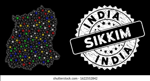 Bright mesh Sikkim State map with glow effect, and rubber print. Wire frame polygonal Sikkim State map network in vector format on a black background. White round rubber stamp with rubber texture.