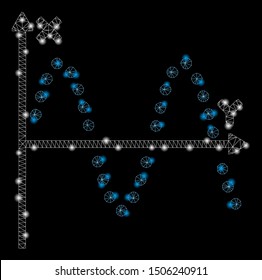 Bright mesh sine plot with glare effect. Abstract illuminated model of sine plot icon. Shiny wire carcass polygonal mesh sine plot. Vector abstraction on a black background.
