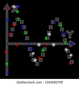 Bright mesh sine plot with glare effect. White wire carcass triangular mesh in vector format on a black background. Abstract 2d mesh designed with polygonal grid, small circle, colorful glare spots.
