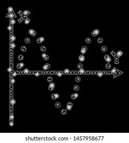 Bright mesh sinusoid plot with lightspot effect. Abstract illuminated model of sinusoid plot icon. Shiny wire carcass triangular mesh sinusoid plot. Vector abstraction on a black background.