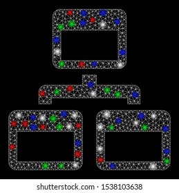 Bright mesh site map with glare effect. White wire frame triangular mesh in vector format on a black background. Abstract 2d mesh created from triangular lines, round dots, colored glare spots.