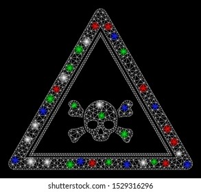 Bright mesh skull death triangle with lightspot effect. White wire carcass polygonal mesh in vector format on a black background. Abstract 2d mesh designed with polygonal grid, points,