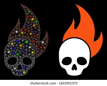 Bright mesh skull fire icon with sparkle effect. Abstract illuminated model of skull fire. Shiny wire frame polygonal mesh skull fire icon. Vector abstraction on a black background.