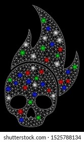 Bright mesh skull fire with lightspot effect. White wire carcass triangular mesh in vector format on a black background. Abstract 2d mesh designed with triangular lines, small circle,