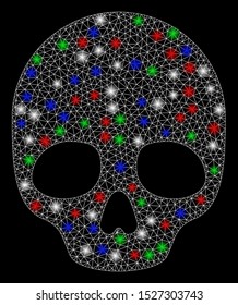 Bright mesh skull with glow effect. White wire carcass triangular mesh in vector format on a black background. Abstract 2d mesh designed with triangular lines, points, colorful flash spots.