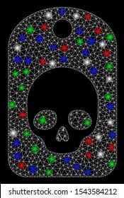 Bright mesh skull label with glare effect. White wire frame triangular mesh in vector format on a black background. Abstract 2d mesh created from polygonal grid, spheric points, colorful glare spots.
