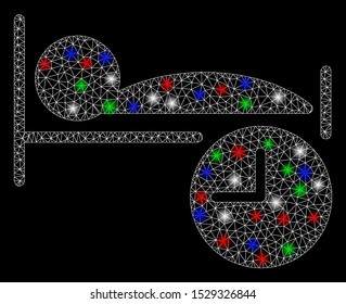 Bright mesh sleep time with glare effect. White wire carcass triangular mesh in vector format on a black background. Abstract 2d mesh built from triangular lines, small circle, colored glare spots.