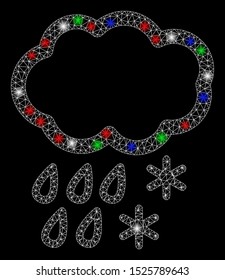 Bright mesh sleet cloud with glow effect. White wire carcass polygonal mesh in vector format on a black background. Abstract 2d mesh created from polygonal grid, small circle, colorful flare spots.