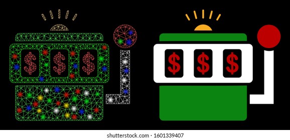 Bright mesh slot machine icon with lightspot effect. Abstract illuminated model of slot machine. Shiny wire frame triangular mesh slot machine icon. Vector abstraction on a black background.