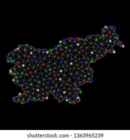 Bright mesh Slovenia map with glare effect. Wire frame polygonal mesh in vector format on a black background. Abstract 2d mesh created from polygonal grid, points, colored glare spots.