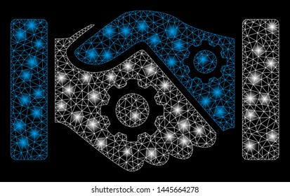 Bright mesh smart contract handshake with lightspot effect. Abstract illuminated model of smart contract handshake icon. Shiny wire frame triangular mesh smart contract handshake.