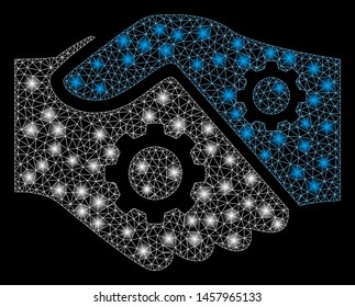 Bright mesh smart contract handshake with sparkle effect. Abstract illuminated model of smart contract handshake icon. Shiny wire frame triangular mesh smart contract handshake.