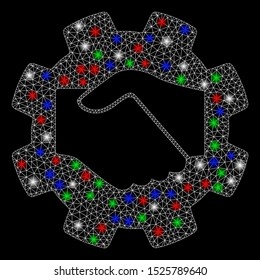 Bright mesh smart contract handshake with glow effect. White wire carcass triangular mesh in vector format on a black background. Abstract 2d mesh designed with polygonal grid, points,