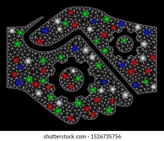 Bright mesh smart contract handshake with glow effect. White wire carcass polygonal mesh in vector format on a black background. Abstract 2d mesh designed with triangles, round dots,