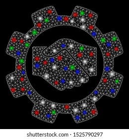 Bright mesh smart contract setup gear with glow effect. White wire carcass triangular mesh in vector format on a black background. Abstract 2d mesh built from triangular lines, spheric points,