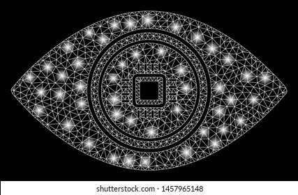 Bright mesh smart vision eye with sparkle effect. Abstract illuminated model of smart vision eye icon. Shiny wire frame triangular mesh smart vision eye. Vector abstraction on a black background.
