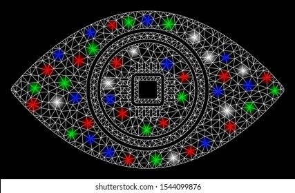 Bright mesh smart vision eye with glow effect. White wire carcass triangular mesh in vector format on a black background. Abstract 2d mesh designed with triangular lines, points, colored flare spots.