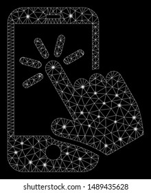 Bright mesh smartphone click with glitter effect. Abstract illuminated model of smartphone click icon. Shiny wire carcass polygonal mesh smartphone click. Vector abstraction on a black background.