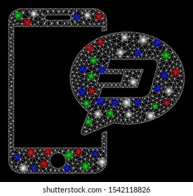 Bright mesh smartphone Dash message with glare effect. White wire frame polygonal mesh in vector format on a black background. Abstract 2d mesh created from polygonal grid, dots, colored flare spots.