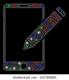 Bright mesh smartphone edit pencil with glow effect. White wire carcass polygonal mesh in vector format on a black background. Abstract 2d mesh designed with polygonal grid, points,