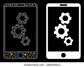 Bright mesh smartphone gears icon with glitter effect. Abstract illuminated model of smartphone gears. Shiny wire frame polygonal mesh smartphone gears icon. Vector abstraction on a black background.