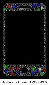 Bright mesh smartphone with glare effect. White wire carcass triangular mesh in vector format on a black background. Abstract 2d mesh designed with triangular lines, spheric points,