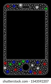 Bright mesh smartphone with glow effect. White wire carcass triangular mesh in vector format on a black background. Abstract 2d mesh designed with triangular lines, dots, colorful flare spots.