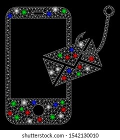 Bright mesh smartphone message phishing with glare effect. White wire carcass triangular mesh in vector format on a black background. Abstract 2d mesh built from triangular lines, spheric points,