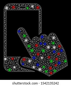 Bright mesh smartphone point with lightspot effect. White wire frame triangular mesh in vector format on a black background. Abstract 2d mesh built from triangular lines, small circle,