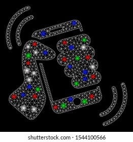 Bright mesh smartphone ring with glow effect. White wire carcass polygonal mesh in vector format on a black background. Abstract 2d mesh designed with polygonal grid, round dots, colored flare spots.