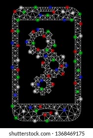 Bright mesh smartphone settings gears with lightspot effect. White wire frame triangular mesh in vector format on a black background. Abstract 2d mesh designed with polygonal grid, points,