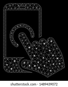 Bright mesh smartphone tap with lightspot effect. Abstract illuminated model of smartphone tap icon. Shiny wire frame polygonal mesh smartphone tap. Vector abstraction on a black background.