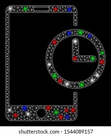 Bright mesh smartphone time with glare effect. White wire frame triangular mesh in vector format on a black background. Abstract 2d mesh designed with triangular lines, round dots,