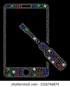 Bright mesh smartphone tuning screwdriver with glare effect. White wire carcass triangular mesh in vector format on a black background. Abstract 2d mesh created from triangular lines, dots,