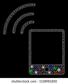 Bright mesh smartphone wi-fi signal with glow effect. White wire frame triangular mesh in vector format on a black background. Abstract 2d mesh designed with triangles, dots, colored flare spots.