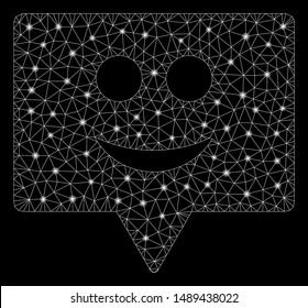 Bright mesh smile banner with glow effect. Abstract illuminated model of smile banner icon. Shiny wire carcass triangular mesh smile banner. Vector abstraction on a black background.