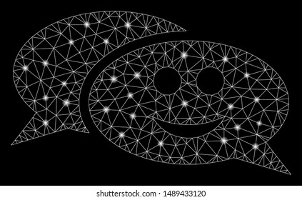 Bright mesh smile chat messages with lightspot effect. Abstract illuminated model of smile chat messages icon. Shiny wire frame triangular network smile chat messages.