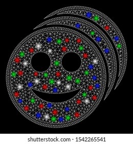 Bright mesh smile coins with glare effect. White wire carcass polygonal mesh in vector format on a black background. Abstract 2d mesh built from triangular lines, small circle, colored flash spots.
