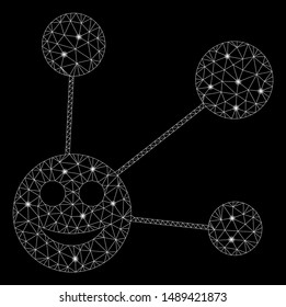 Bright mesh smile connections with glow effect. Abstract illuminated model of smile connections icon. Shiny wire frame polygonal mesh smile connections. Vector abstraction on a black background.