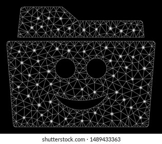 Bright mesh smile folder with glare effect. Abstract illuminated model of smile folder icon. Shiny wire carcass triangular mesh smile folder. Vector abstraction on a black background.