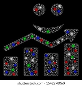 Bright mesh smile growing chart with glare effect. White wire frame triangular mesh in vector format on a black background. Abstract 2d mesh designed with triangular lines, spheric points,