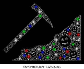 Bright mesh smile mining with glare effect. White wire carcass polygonal mesh in vector format on a black background. Abstract 2d mesh created from polygonal grid, dots, colored light spots.