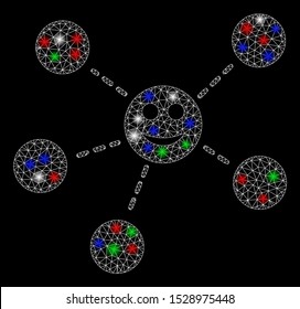 Bright mesh smile network with glare effect. White wire frame polygonal mesh in vector format on a black background. Abstract 2d mesh created from polygonal grid, spheric points, colorful glare spots.