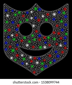 Bright mesh smile shield with glare effect. White wire carcass triangular mesh in vector format on a black background. Abstract 2d mesh designed with triangles, round dots, colorful glare spots.