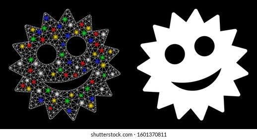 Bright mesh smile token icon with glow effect. Abstract illuminated model of smile token. Shiny wire carcass triangular mesh smile token icon. Vector abstraction on a black background.