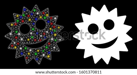 Bright mesh smile token icon with glow effect. Abstract illuminated model of smile token. Shiny wire carcass triangular mesh smile token icon. Vector abstraction on a black background.