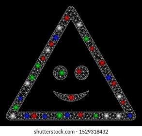 Bright mesh smile warning with glare effect. White wire frame polygonal mesh in vector format on a black background. Abstract 2d mesh created from polygonal grid, round dots, colored flare spots.
