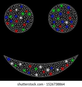 Bright mesh smiley with lightspot effect. White wire carcass polygonal mesh in vector format on a black background. Abstract 2d mesh designed with triangular lines, spheric points,